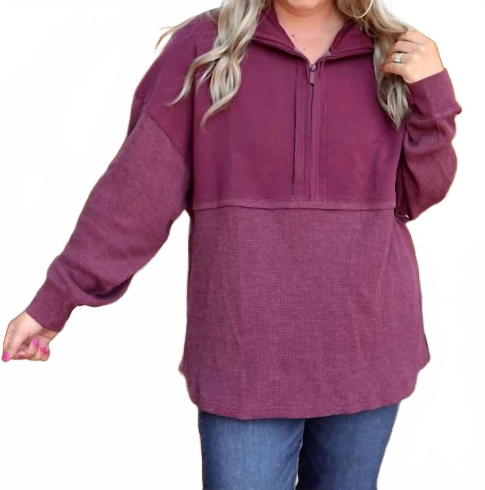NEW JADELYNN BROOKE women's ready or not waffle quarter zip top in wine